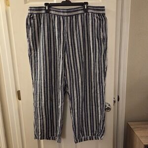 Old Navy sz XXL blue/wht striped pull on wide leg pants linen/cotton casual